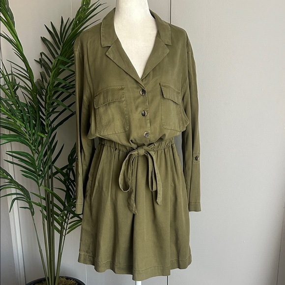 ZARA Olive Green Drawstring Waist Dress L - Picture 1 of 4